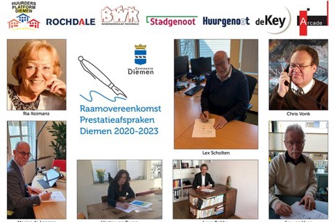 Zeven mensen die de raamovereenkomst prestatieafspraken tekenen. 