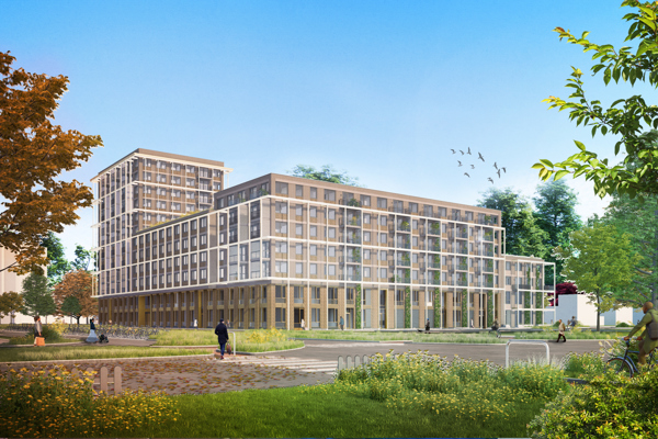 Uitgebreid wooncomplex met grote ramen en meerdere verdiepingen, gelegen in een groene omgeving met wandelpaden, fietsers en vogels in de lucht.