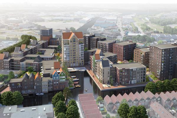 Illustratie bovenaf houthavenkade. 